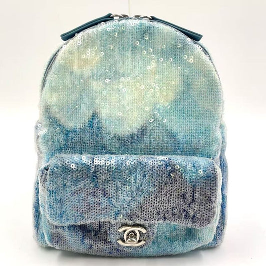 Chanel Coco Mark Sequins Serial Number 25 Leather X Sequins Light Blue Backpack