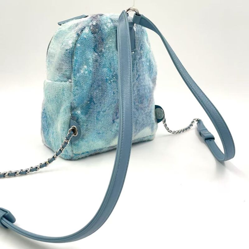 Chanel Coco Mark Sequins Serial Number 25 Leather X Sequins Light Blue Backpack