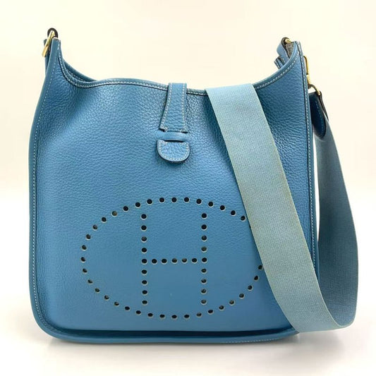 Hermes Evelyn PM F Engraved Leather Blue Shoulder Bag Gold