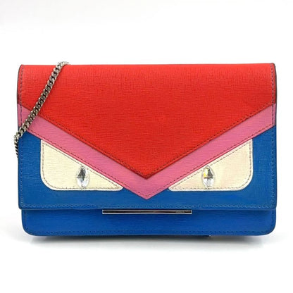Fendi Bugs Eye Chain Wallet Leather Blue X Red Shoulder Bag Silver