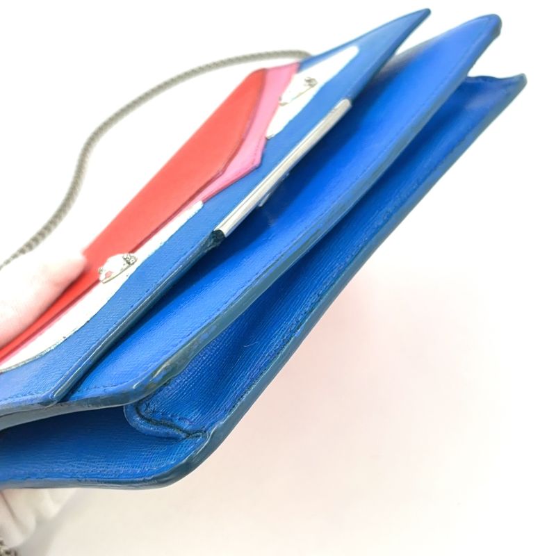Fendi Bugs Eye Chain Wallet Leather Blue X Red Shoulder Bag Silver