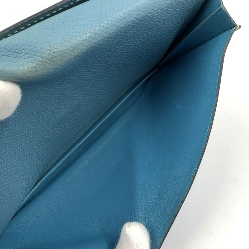 Hermes Bearn Souffle a Engraved Leather Blue Wallet Silver