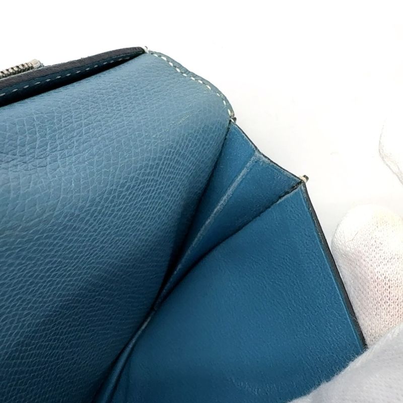 Hermes Bearn Souffle a Engraved Leather Blue Wallet Silver