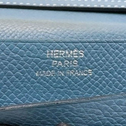Hermes Bearn Souffle a Engraved Leather Blue Wallet Silver