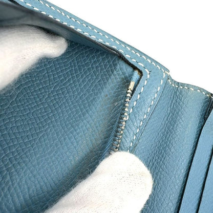 Hermes Bearn Souffle a Engraved Leather Blue Wallet Silver