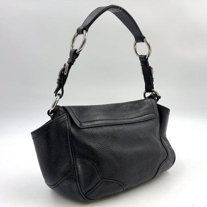 Prada Triangle Logo Plate One Shoulder Leather Black Handbag Silver