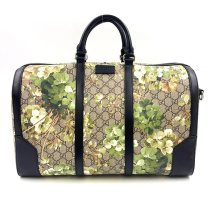 Gucci GG Blooms Leather × PVC Navy × Beige Boston Bag Silver 406380