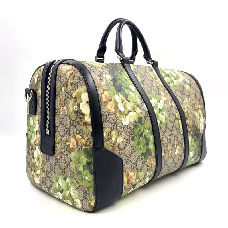 Gucci GG Blooms Leather × PVC Navy × Beige Boston Bag Silver 406380