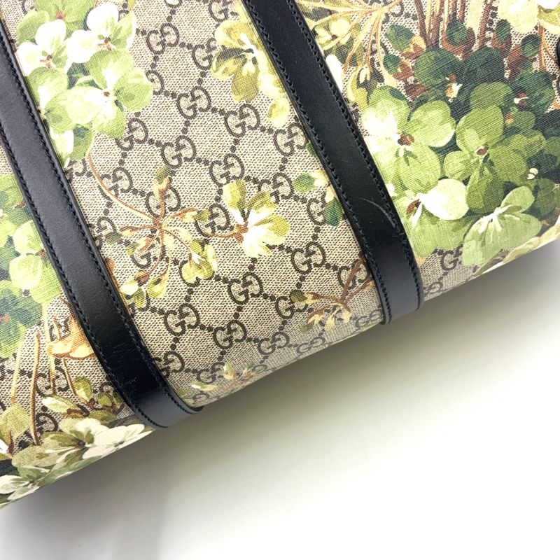 Gucci GG Blooms Leather × PVC Navy × Beige Boston Bag Silver 406380
