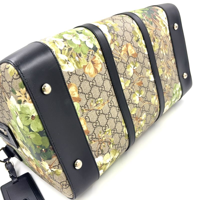 Gucci GG Blooms Leather × PVC Navy × Beige Boston Bag Silver 406380