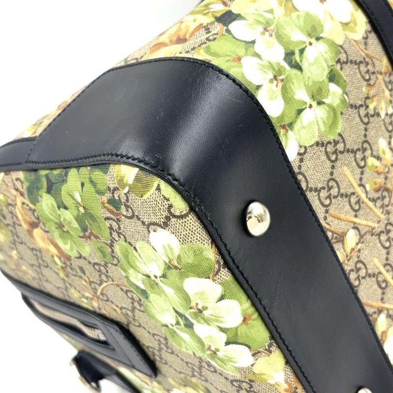 Gucci GG Blooms Leather × PVC Navy × Beige Boston Bag Silver 406380