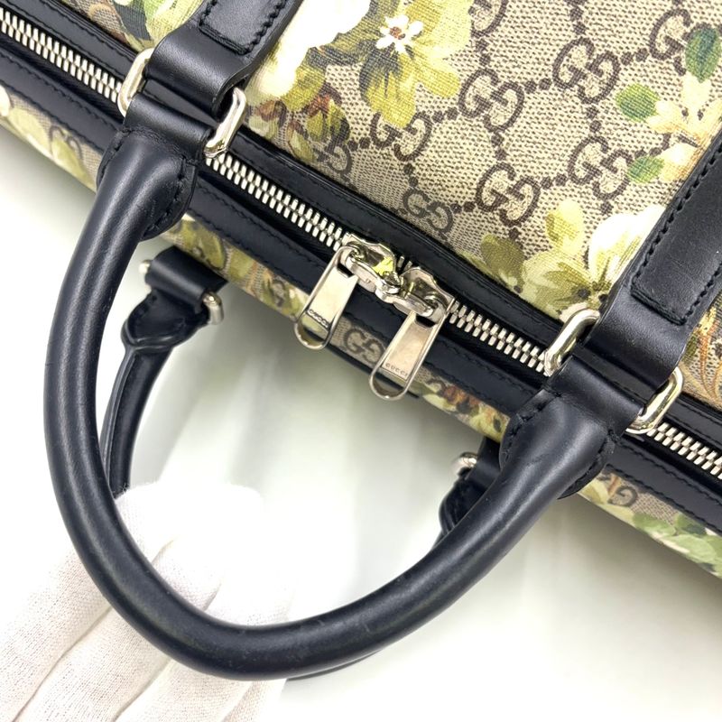 Gucci GG Blooms Leather × PVC Navy × Beige Boston Bag Silver 406380