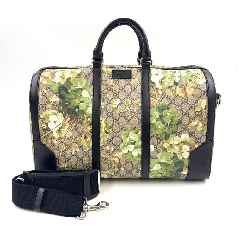 Gucci GG Blooms Leather × PVC Navy × Beige Boston Bag Silver 406380
