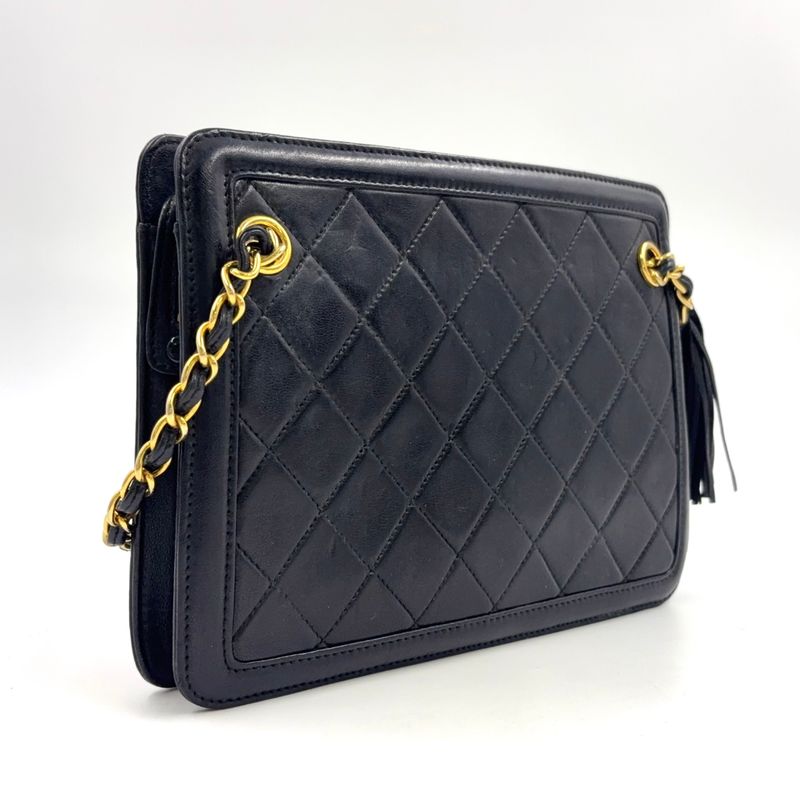 Chanel Matelasse Fringe Serial Number 1 Leather Black Chain Shoulder Bag Gold