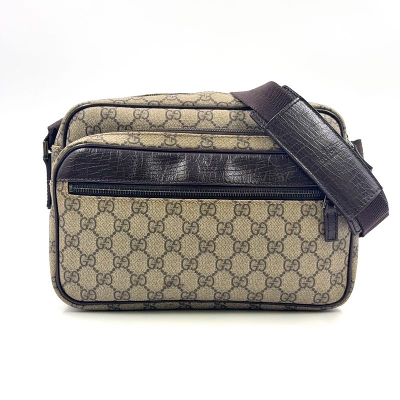 Gucci GG Plus Leather X PVC Dark Brown X Beige Shoulder Bag Silver 114531