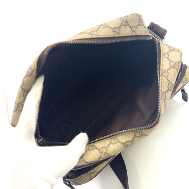 Gucci GG Plus Leather X PVC Dark Brown X Beige Shoulder Bag Silver 114531