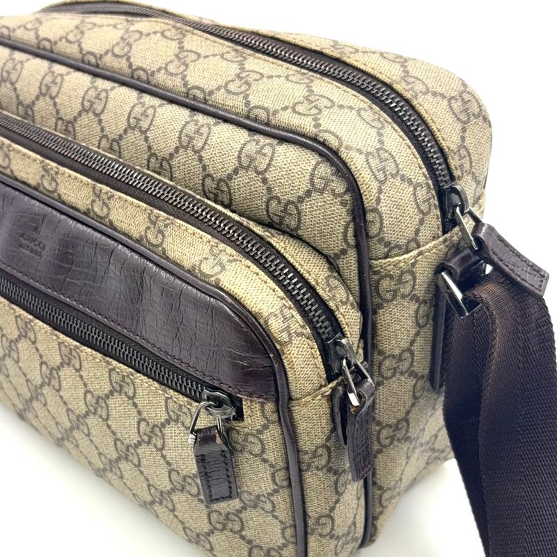 Gucci GG Plus Leather X PVC Dark Brown X Beige Shoulder Bag Silver 114531