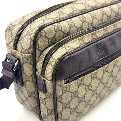 Gucci GG Plus Leather X PVC Dark Brown X Beige Shoulder Bag Silver 114531