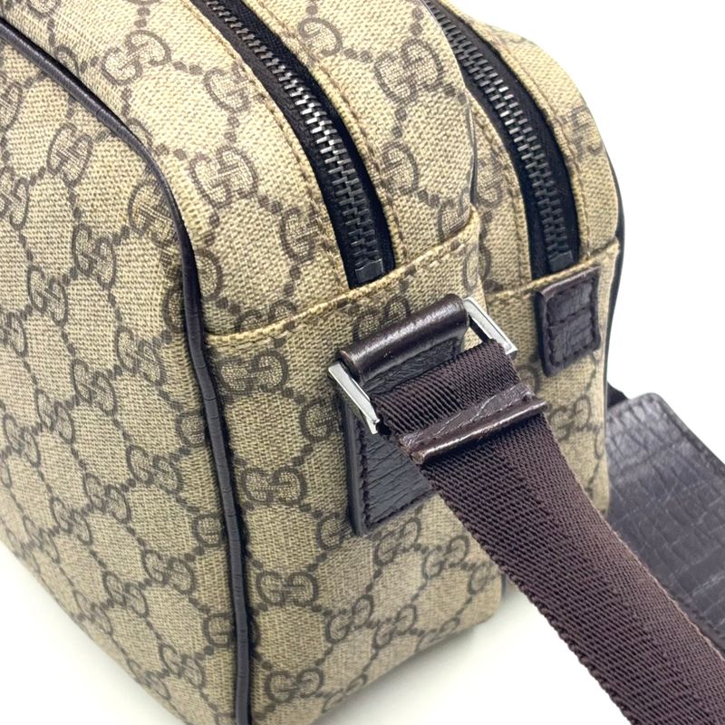 Gucci GG Plus Leather X PVC Dark Brown X Beige Shoulder Bag Silver 114531