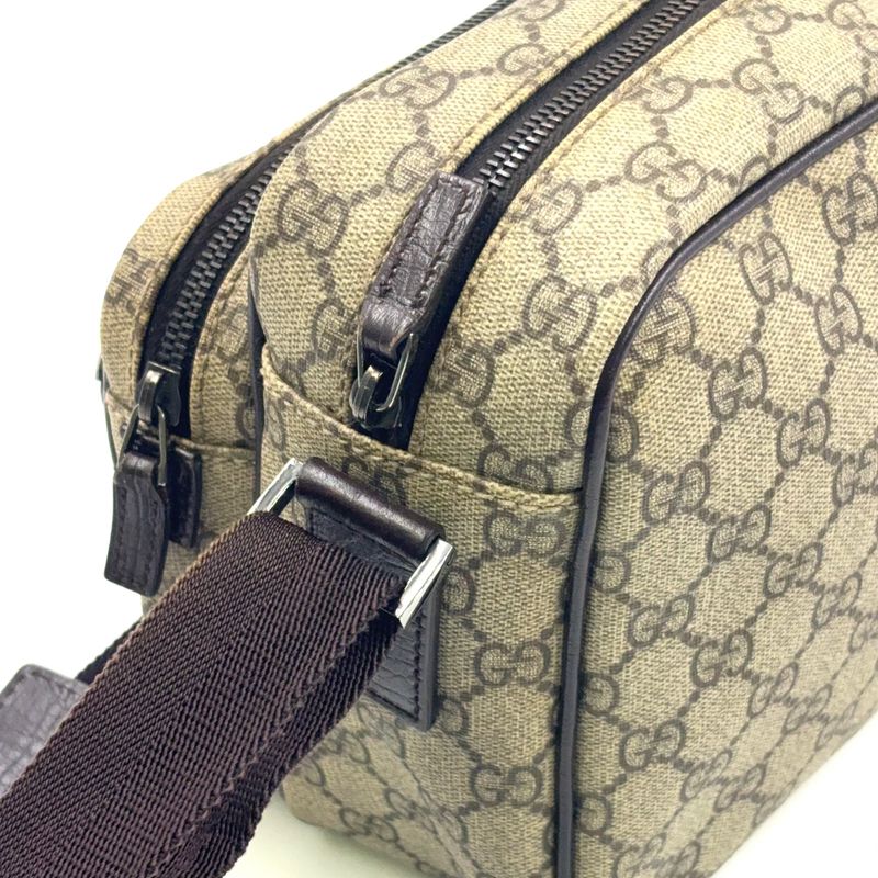 Gucci GG Plus Leather X PVC Dark Brown X Beige Shoulder Bag Silver 114531