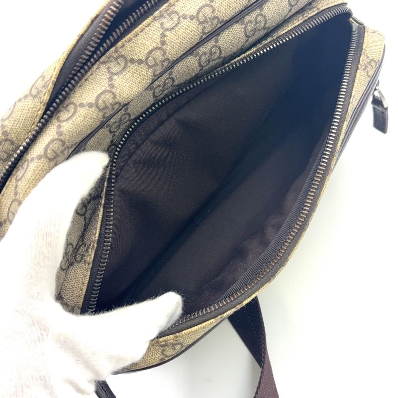 Gucci GG Plus Leather X PVC Dark Brown X Beige Shoulder Bag Silver 114531