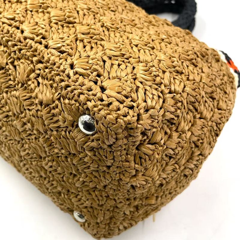 Prada Logo Motif Canapa Shoulder Strap Not Included Straw Brown Handbag Silver