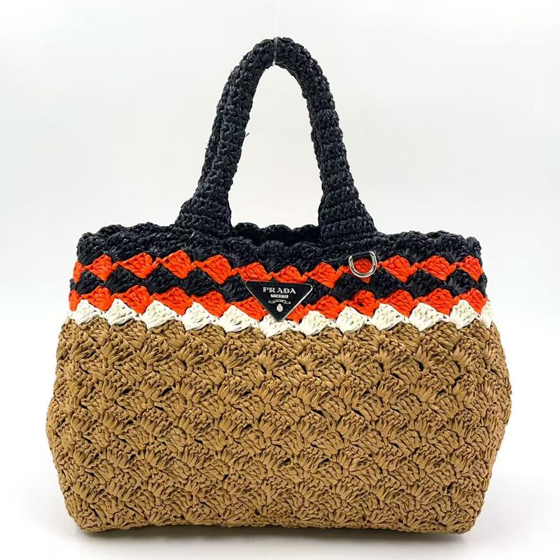 Prada Logo Motif Canapa Shoulder Strap Not Included Straw Brown Handbag Silver