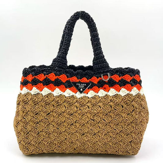 Prada Logo Motif Canapa Shoulder Strap Not Included Straw Brown Handbag Silver