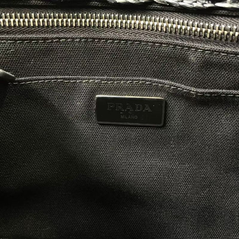 Prada Logo Motif Canapa Shoulder Strap Not Included Straw Brown Handbag Silver