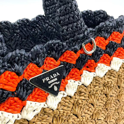 Prada Logo Motif Canapa Shoulder Strap Not Included Straw Brown Handbag Silver