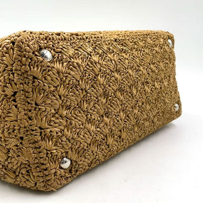 Prada Logo Motif Canapa Shoulder Strap Not Included Straw Brown Handbag Silver