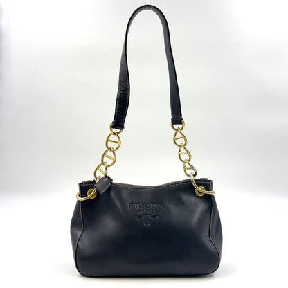 Prada Chain Leather Black One Shoulder Bag Gold
