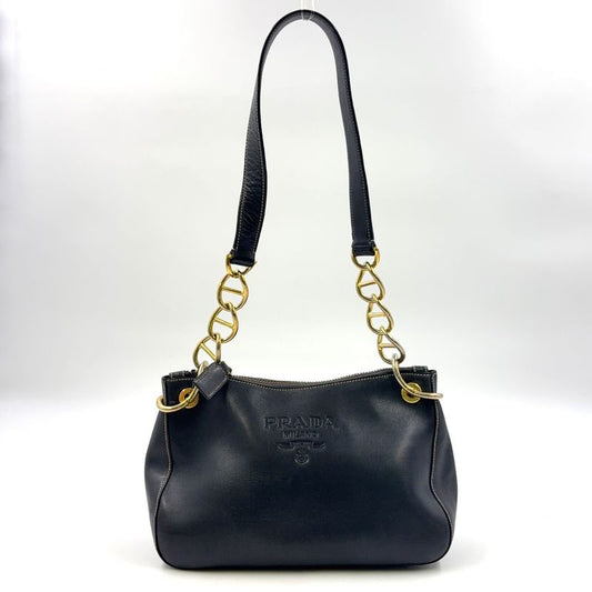 Prada Chain Leather Black One Shoulder Bag Gold