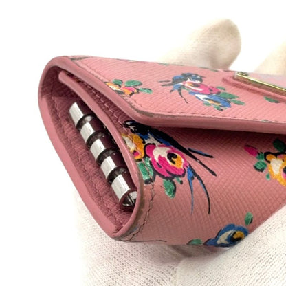 Prada Triangle Logo Leather Pink Key Case Silver