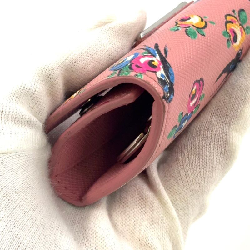 Prada Triangle Logo Leather Pink Key Case Silver