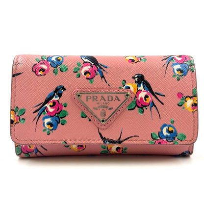 Prada Triangle Logo Leather Pink Key Case Silver