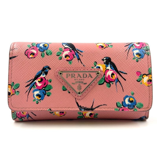 Prada Triangle Logo Leather Pink Key Case Silver