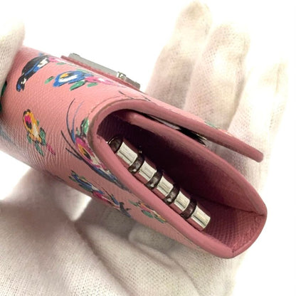 Prada Triangle Logo Leather Pink Key Case Silver