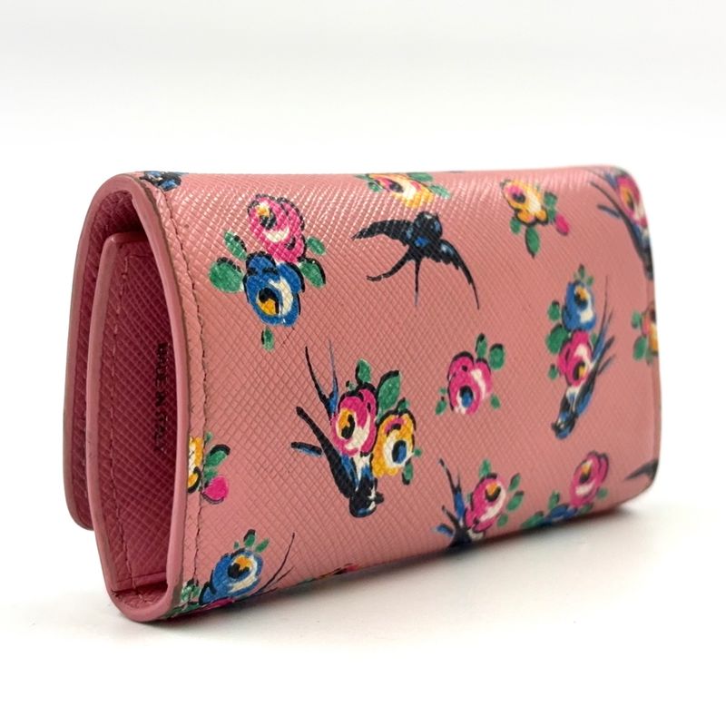 Prada Triangle Logo Leather Pink Key Case Silver