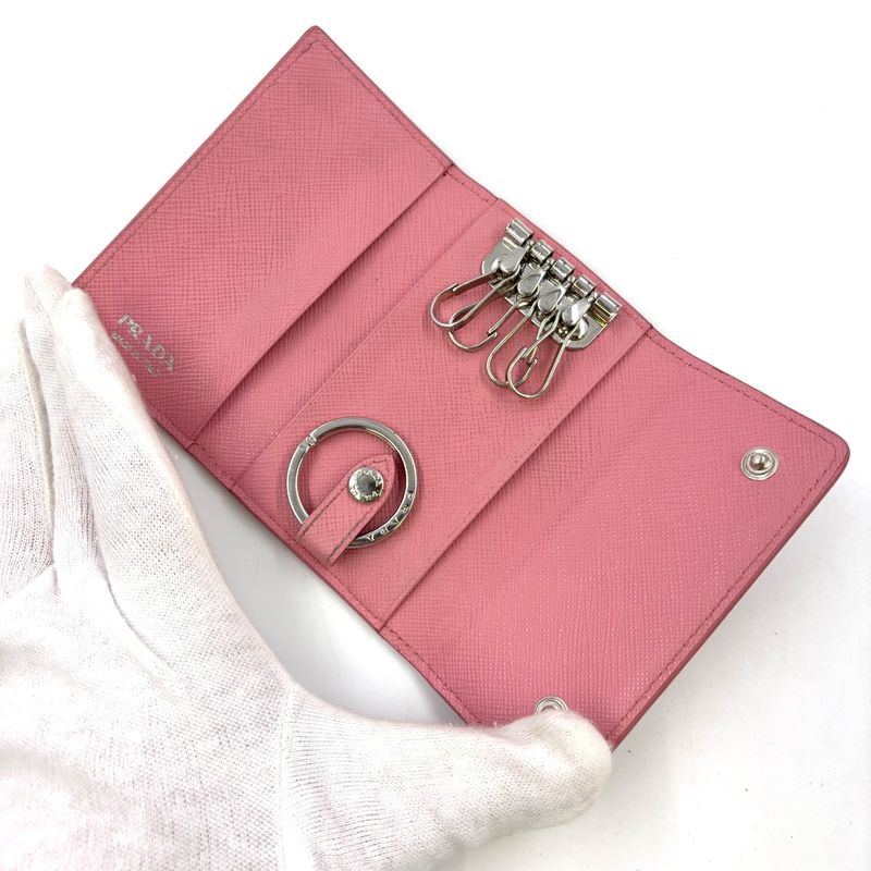 Prada Triangle Logo Leather Pink Key Case Silver