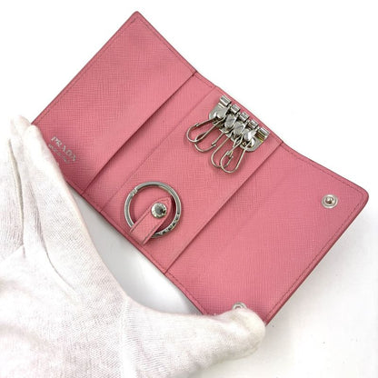 Prada Triangle Logo Leather Pink Key Case Silver
