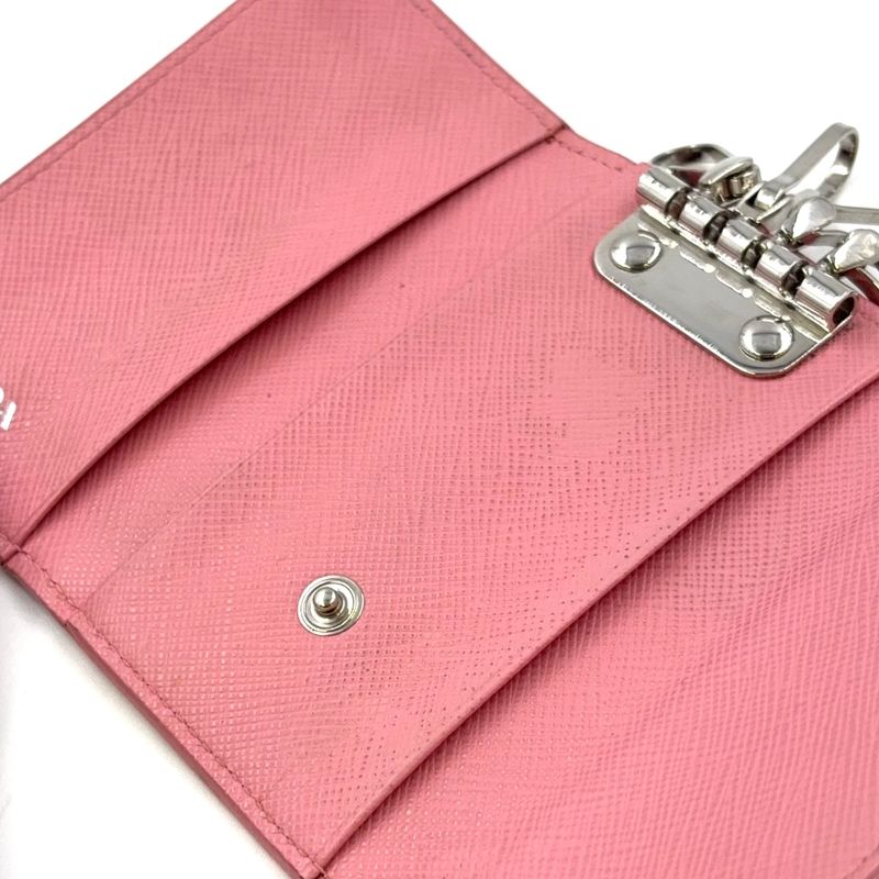Prada Triangle Logo Leather Pink Key Case Silver