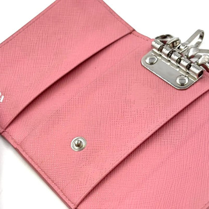 Prada Triangle Logo Leather Pink Key Case Silver