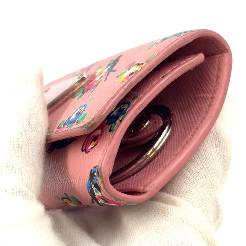 Prada Triangle Logo Leather Pink Key Case Silver