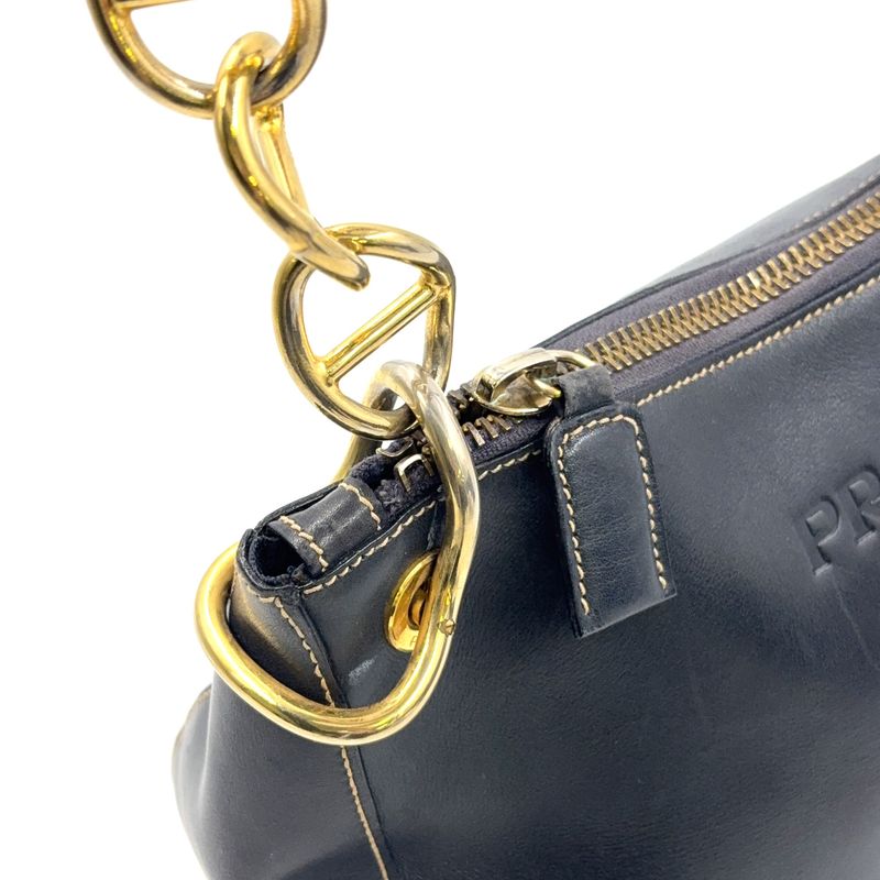 Prada Chain Leather Black One Shoulder Bag Gold