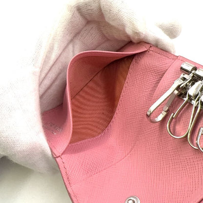 Prada Triangle Logo Leather Pink Key Case Silver