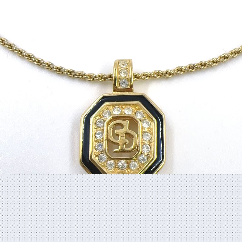 Christian Dior CD Logo Rhinestone GP Gold X Black Necklace