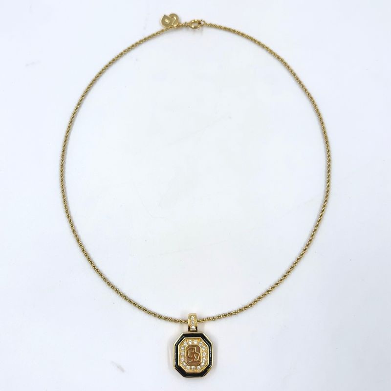 Christian Dior CD Logo Rhinestone GP Gold X Black Necklace