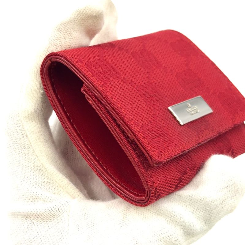 Gucci GG Canvas Logo Plate Canvas Red Coin Case Silver