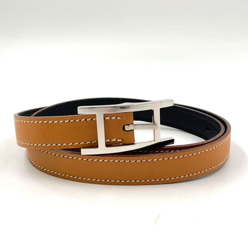 Hermes Api □D Engraved Leather Black X Light Brown Belt Silver